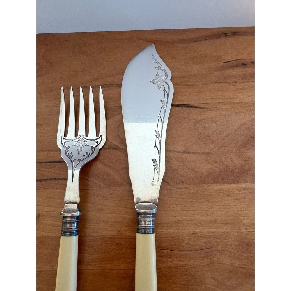 Antique HH EPNS Engraved Fish Serving Set with Faux‎ Bone Handles